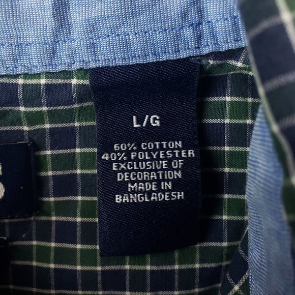 Chaps Shirt Large L Mens Green Blue Check Long Sleeve Logo Collared Button Down - Picture 7 of 7